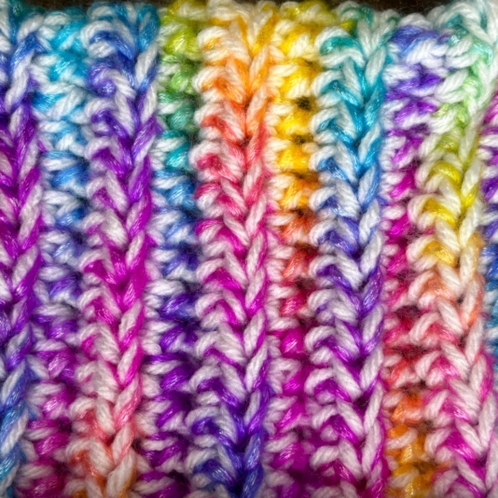 Handcrafted Crochet Winter Hat Rainbow Ice Yarn White Big Twist Cat Ear Ribbed - Picture 13 of 14